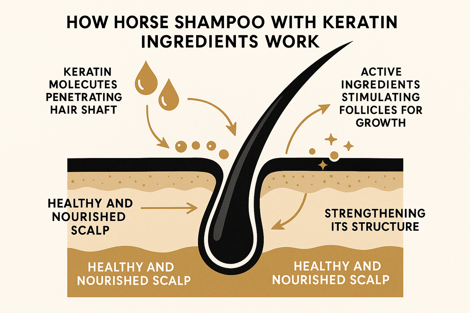 Научна илюстрация на действието на конски шампоан с кератин